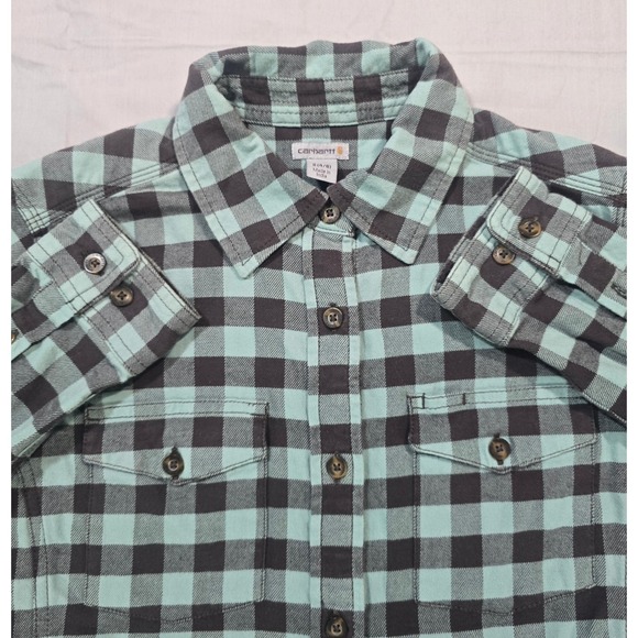 Carhartt Tops - Carhartt Womens Small Green Brown Plaid Flannel Work Shirt Casual Button Up